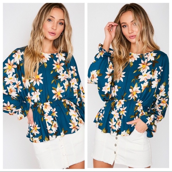 NEW Boutique Top Teal Floral Cinched Blouse Med M - Picture 2 of 7